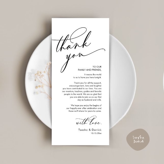 Carte de réglage du Merci Mariage romantique (Romantic Wedding Dinner Thank You Place Setting Card, in Black and White )