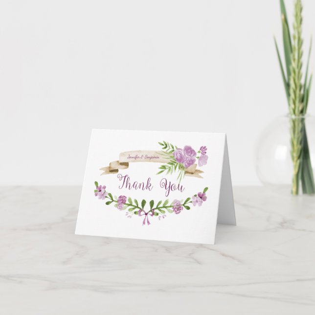 Carte de remerciement aquarelle roses violettes ve (Devant)