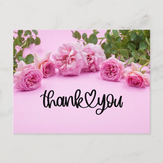 Carte de remerciement aux roses roses sur fond ros (Devant)