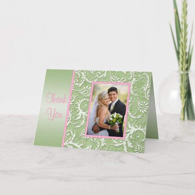 Carte de remerciement avec photo en damas rose et  (Devant)