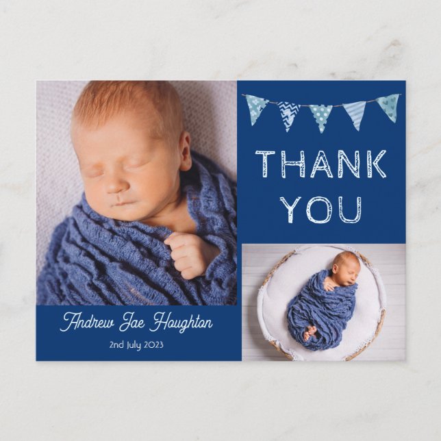 Carte de remerciement bébé avec photos, guirlande  (Devant)
