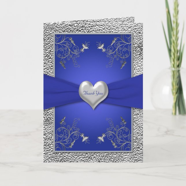 Carte de remerciement Bleu Cobalt et Cœur d'Étain (Devant)