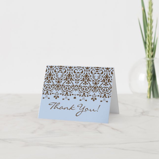 Carte de remerciement Blue & Brown Damask (Devant)