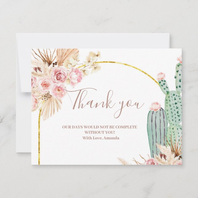 Carte de remerciement Boho Cactus Fleurs roses (Devant)