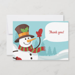 Carte de remerciement bonhomme de neige agitant la