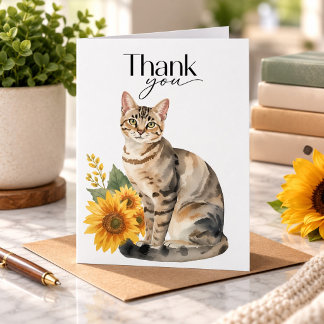 Carte de remerciement Chat tigré et Tournesols 