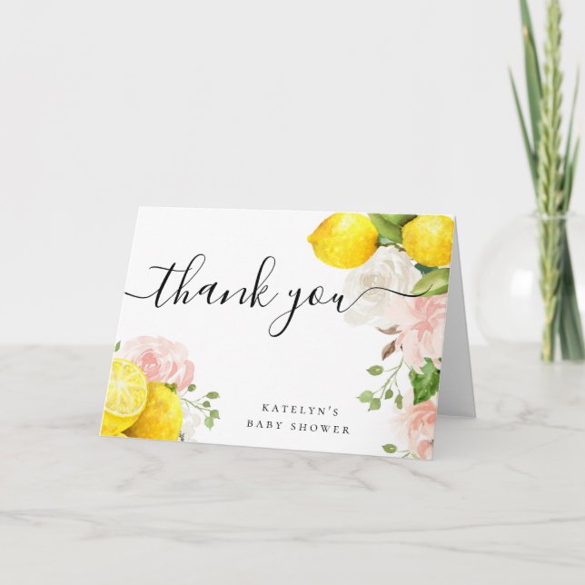 Carte de remerciement citron avec fleurs roses (Devant)
