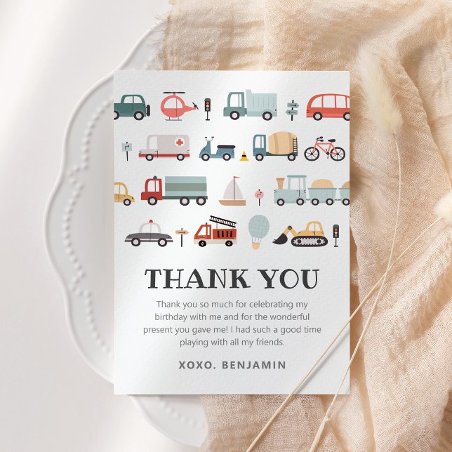 Carte de remerciement d'anniversaire à thème Trans (Modern Transportation birthday thank you card)