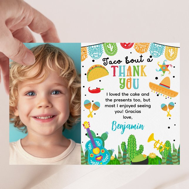 Carte de remerciement d'anniversaire Photo Fiesta  (Boys Colorful Fiesta Themed Birthday Thank You Card, Mexican Fiesta Birthday Party Thank You Card)