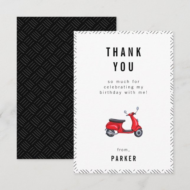 Carte de remerciement d'anniversaire thème scooter (Devant / Derrière)