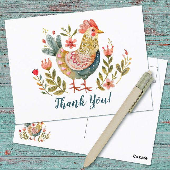 Carte de remerciement d'art populaire avec poulet  (A pretty watercolor folk art chicken thank you postcard.)