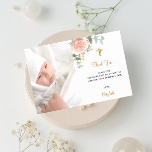 Carte de remerciement de baptême avec fleurs roses