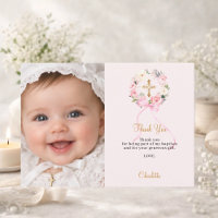 Carte de remerciement de baptême fille avec fleurs