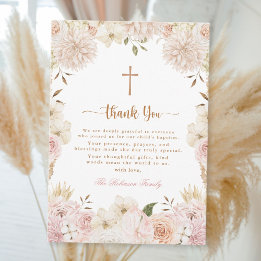 Carte de remerciement de baptême floral boho rose 