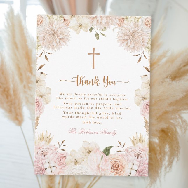 Carte de remerciement de baptême floral boho rose  (Créateur téléchargé)