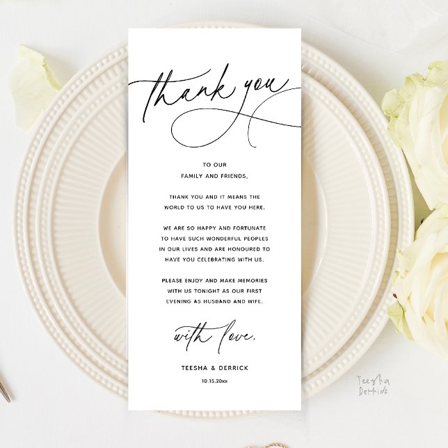 Carte de remerciement de dîner de mariage romantiq (Modern Romantic Wedding Reception Dinner Thank You Card in black and white)