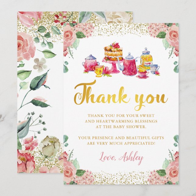 Carte de remerciement de fête de thé de jardin flo (Devant / Derrière)