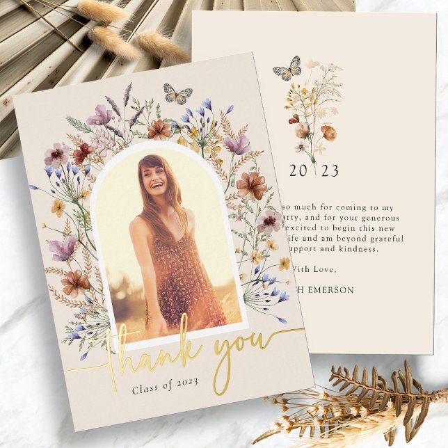 Carte de remerciement de fin d'études florale (Boho Floral Foil Picture Graduation Thank You Card with Butterfly by Painted Paperie

)