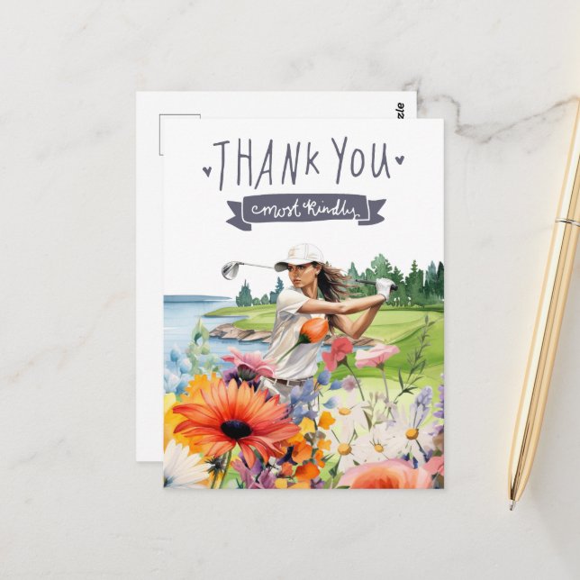 Carte de remerciement de golf avec fleurs aquarell (Devant/Arrière en situation)