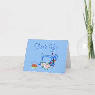 Carte de remerciement de la machine à coudre bleue