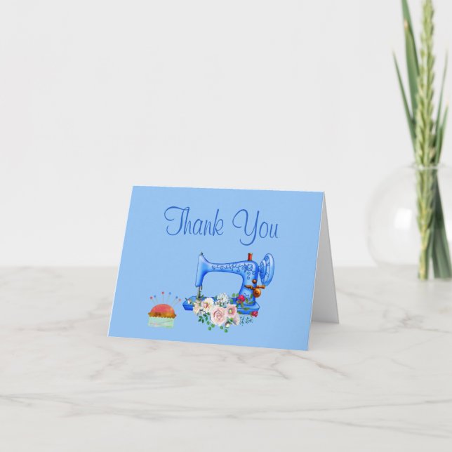 Carte de remerciement de la machine à coudre bleue (Devant)