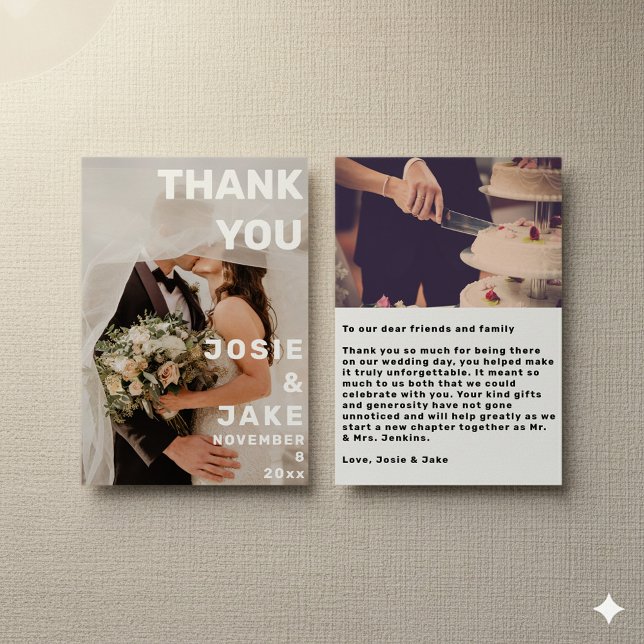 Carte de remerciement de mariage à double photo gr (Double photo big and bold wedding thank you card with 2 photos and message.)