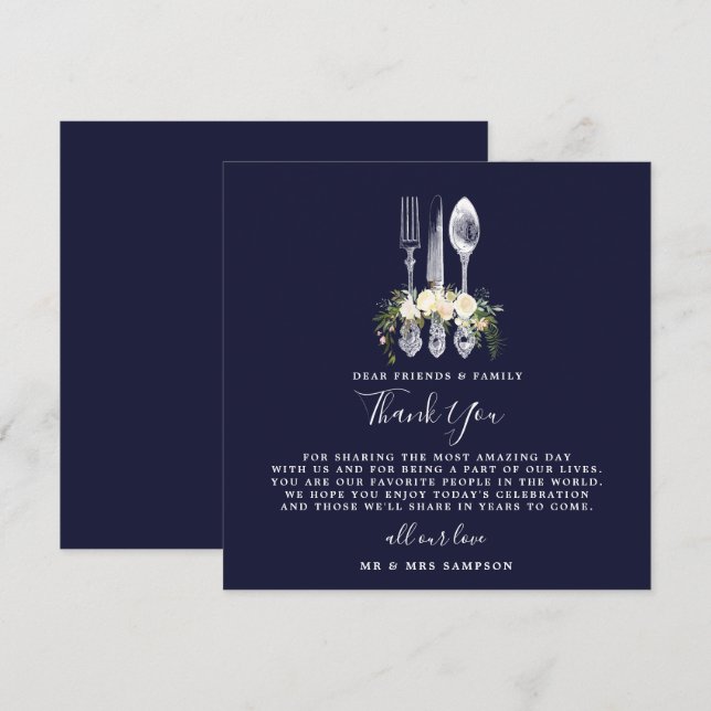 carte de remerciement de mariage à fleurs marine (Devant / Derrière)