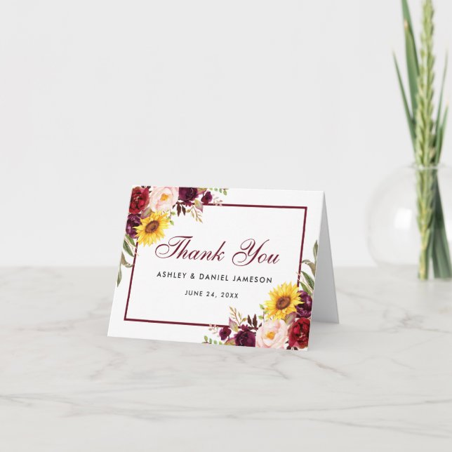 Carte de remerciement de mariage à fleurs mixtes d (Devant)
