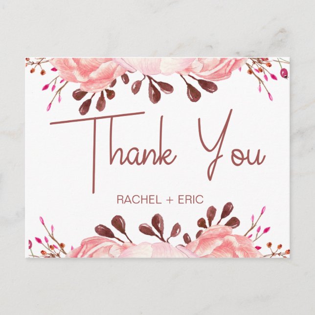 Carte de remerciement de mariage à fleurs rose élé (Devant)