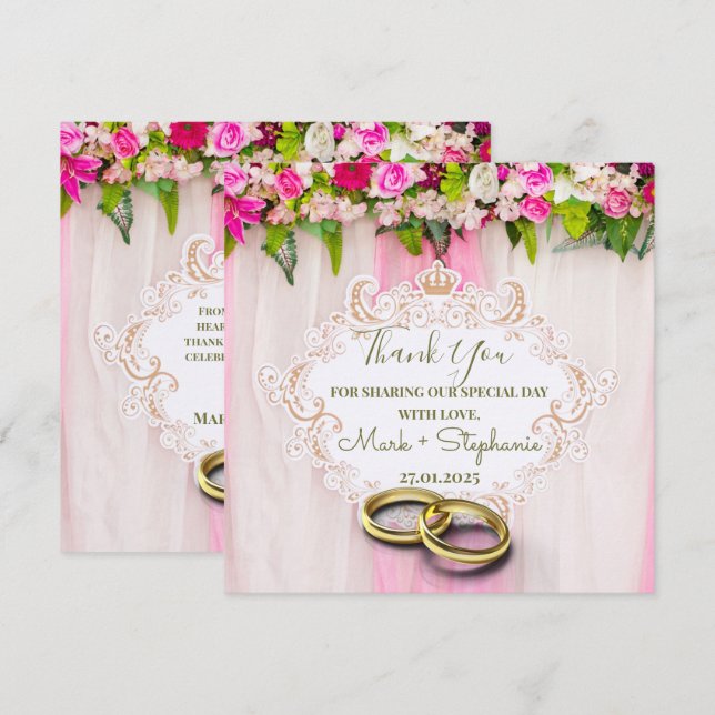 Carte de remerciement de mariage à fleurs rose vif (Devant / Derrière)