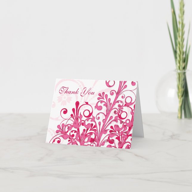 Carte de remerciement de mariage à fleurs roses et (Devant)