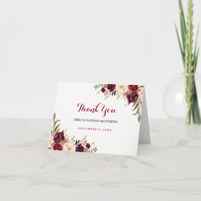 Carte de remerciement de mariage à fleurs rouge Bo (Devant)