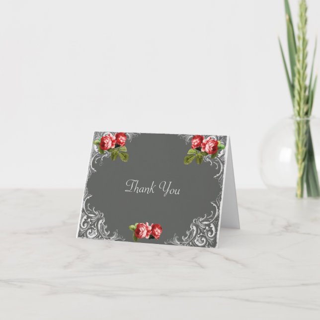 Carte de remerciement de mariage Ardoise et Roses (Devant)