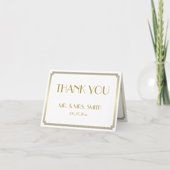 Carte de remerciement de mariage Art Déco blanche  (Devant)