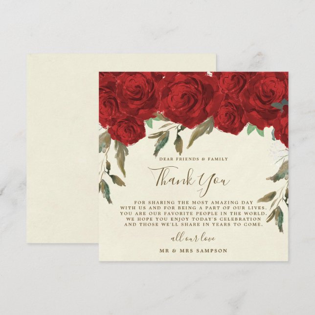carte de remerciement de mariage aux roses rouges (Devant / Derrière)