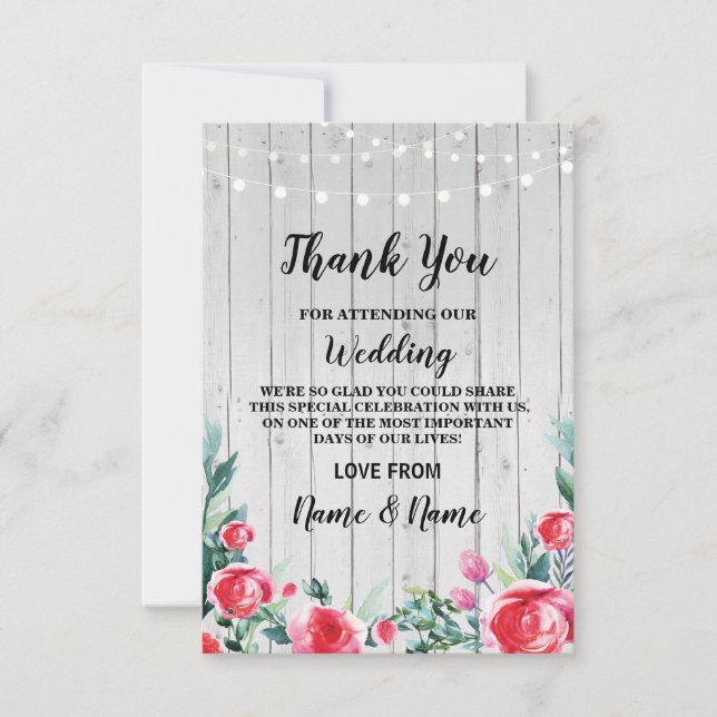 Carte de remerciement de mariage avec des roses ro (Devant)