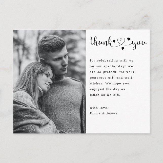 Carte de remerciement de mariage avec photo et cœu (Devant)