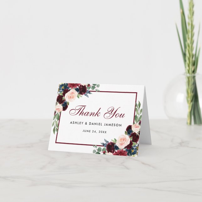 Carte de remerciement de mariage bordeaux bleu flo (Devant)