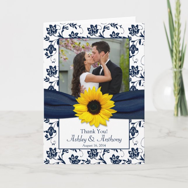 Carte de remerciement de mariage en damas marine e (Devant)