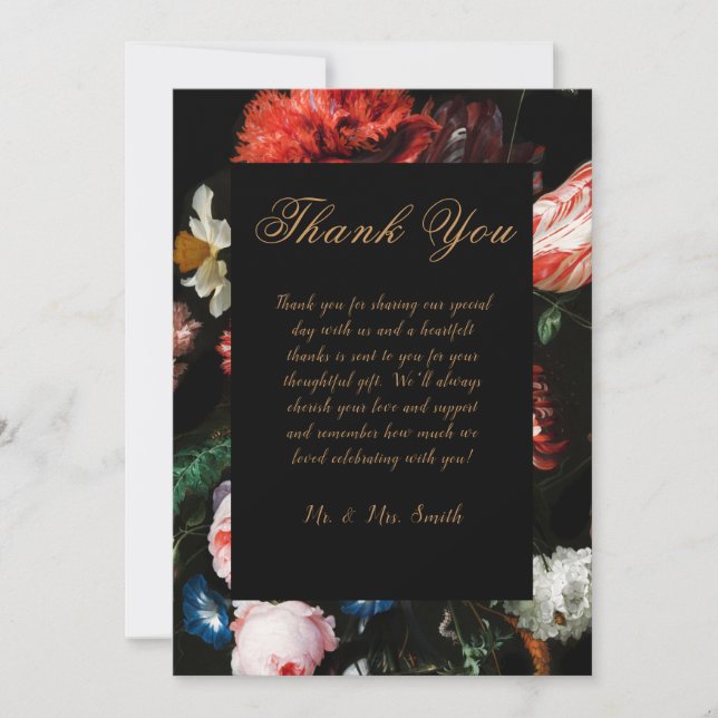 Carte de remerciement de mariage floral rouge noir (Devant)