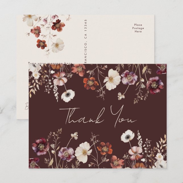 Carte de remerciement de mariage florale élégante  (Devant / Derrière)