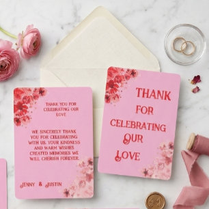 Carte de remerciement de mariage florale rose roug