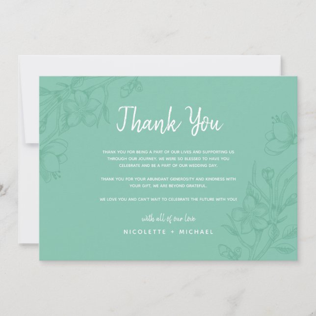 Carte de remerciement de mariage florale verte et  (Devant)