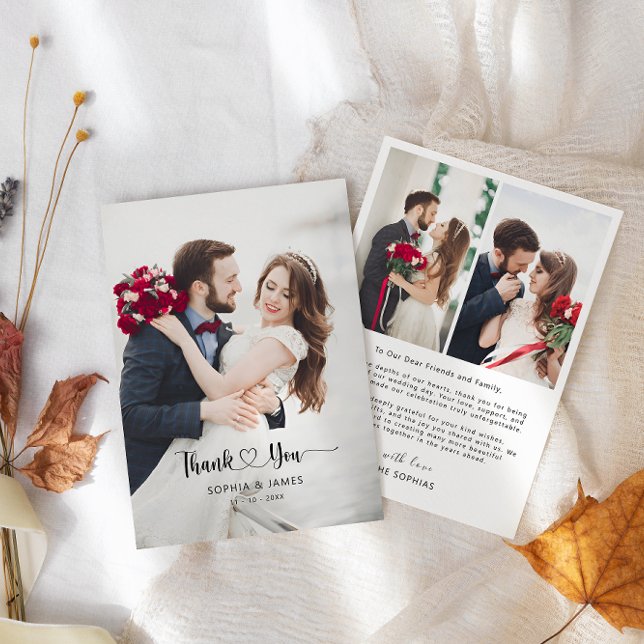 Carte de remerciement de mariage photo avec script (Minimalist Morden Script with Heart Wedding Photo Thank You Card)