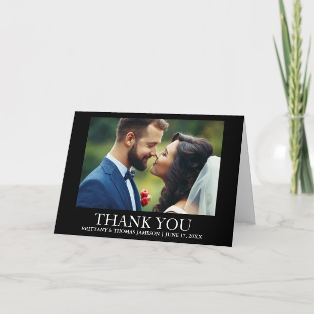 Carte de remerciement de mariage photo pliée noir  (Devant)