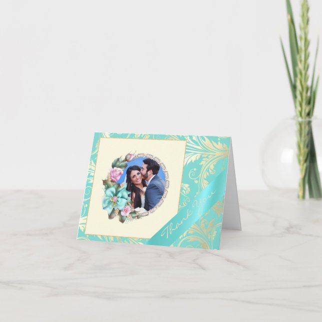 Carte de remerciement de mariage photo sarcelle et (Devant)
