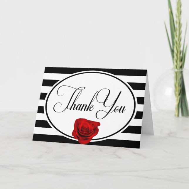 Carte de remerciement de mariage Rose rouge Noir R (Devant)