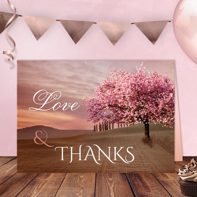 Carte de remerciement de mariage sous les cerisier (Wedding Thank You card featuring a painting of a landscape scene with a blossoming cherry tree)