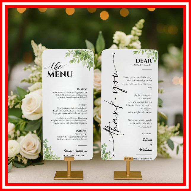 Carte de remerciement de menu de mariage à la verd (Créateur téléchargé)