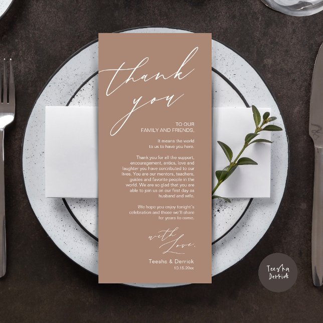 Carte de remerciement de mise en place de mariage  (Wedding Place Setting Dinner Thank You Card, Modern Romantic Script, in Taupe)